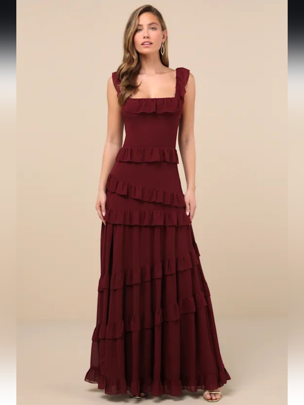 Lulus Compelling Romantic Burgundy Ruffled Tiered Maxi Dress Gown Size L NWT